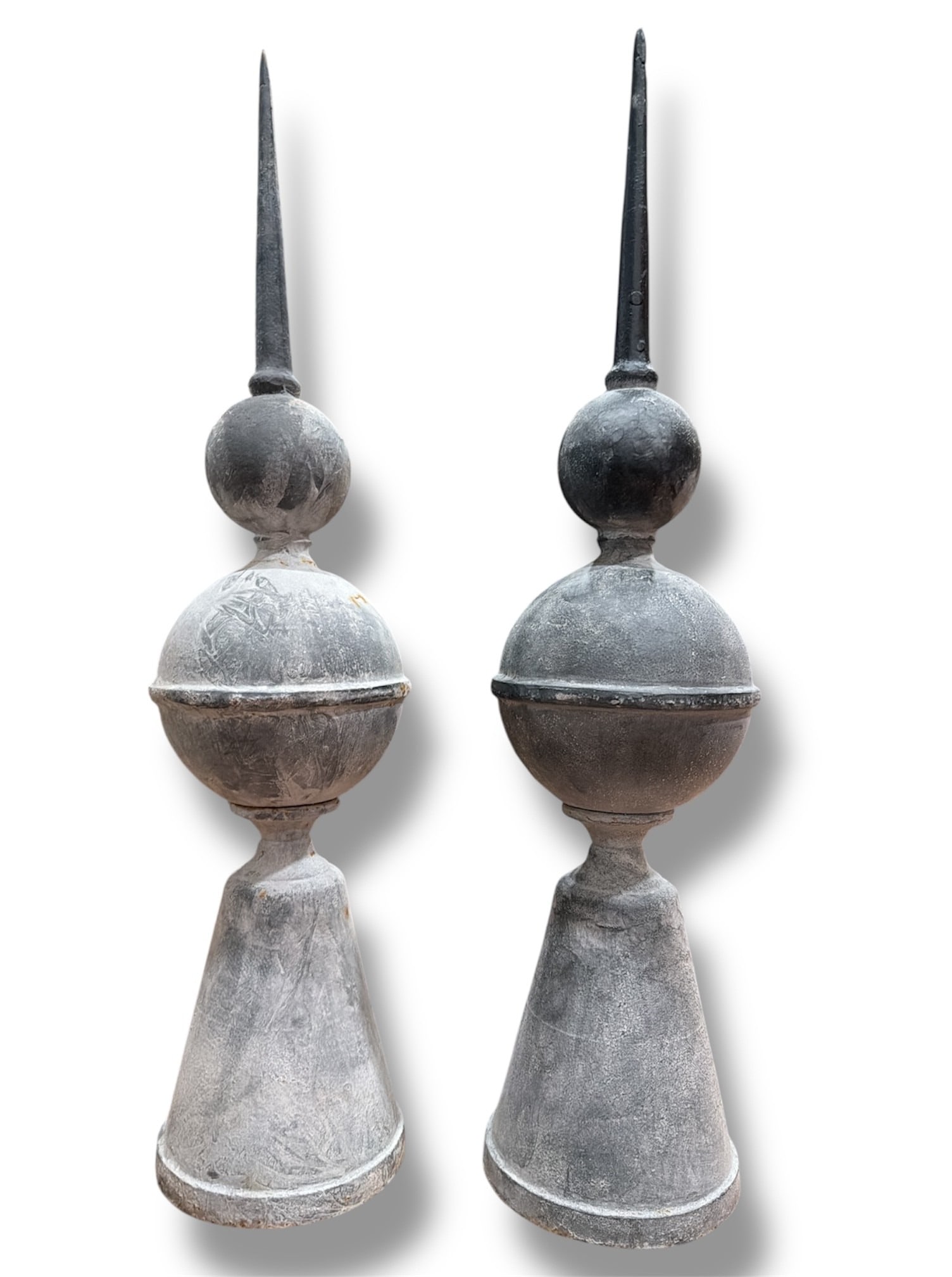 French Architectural Iron Spires, Pair: Each measures approx. 36.5" H x 8" diameter at the widest.