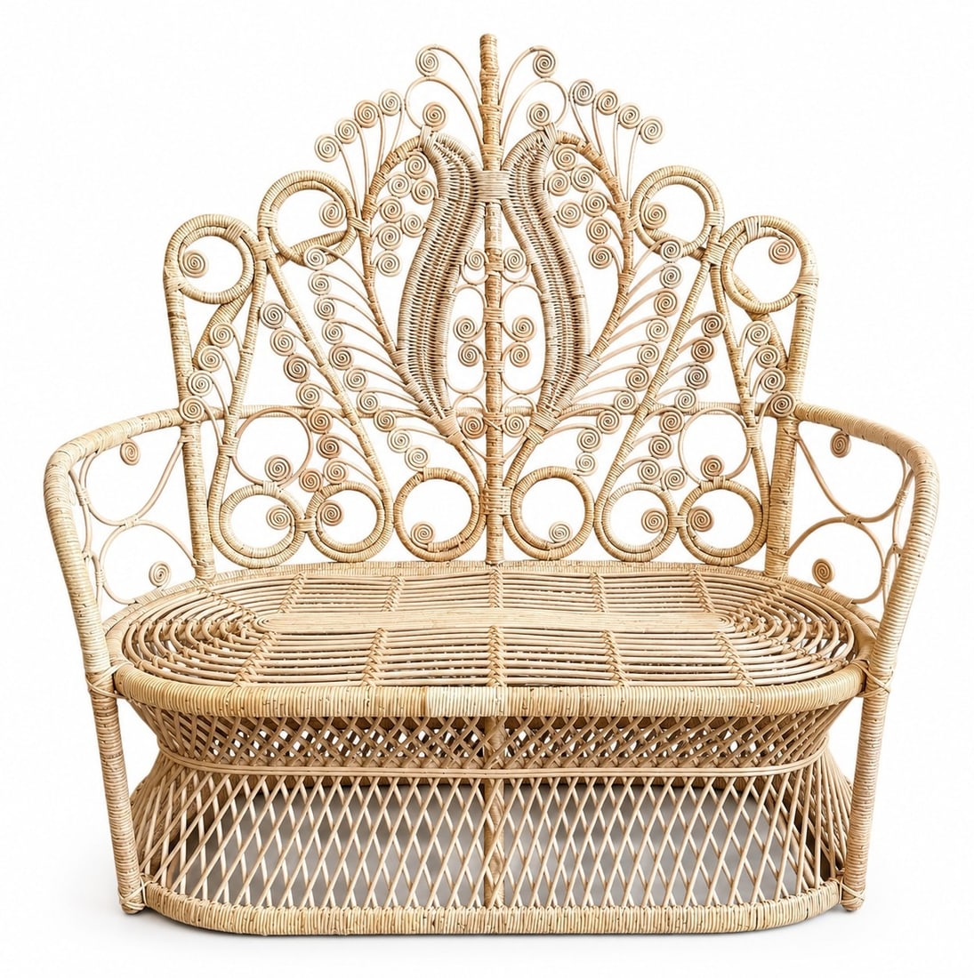 Ornate Wicker Peacock Loveseat: 50" H to the back x 16" H to seat x 50" W x 23" D.