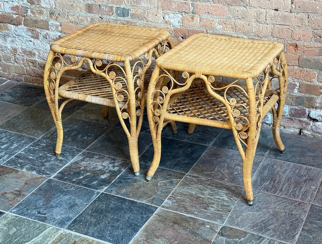 Mid Century Italian Wicker and Bamboo End Tables, Pair: Both measure approx. 24" H x 19" W x 19" D.