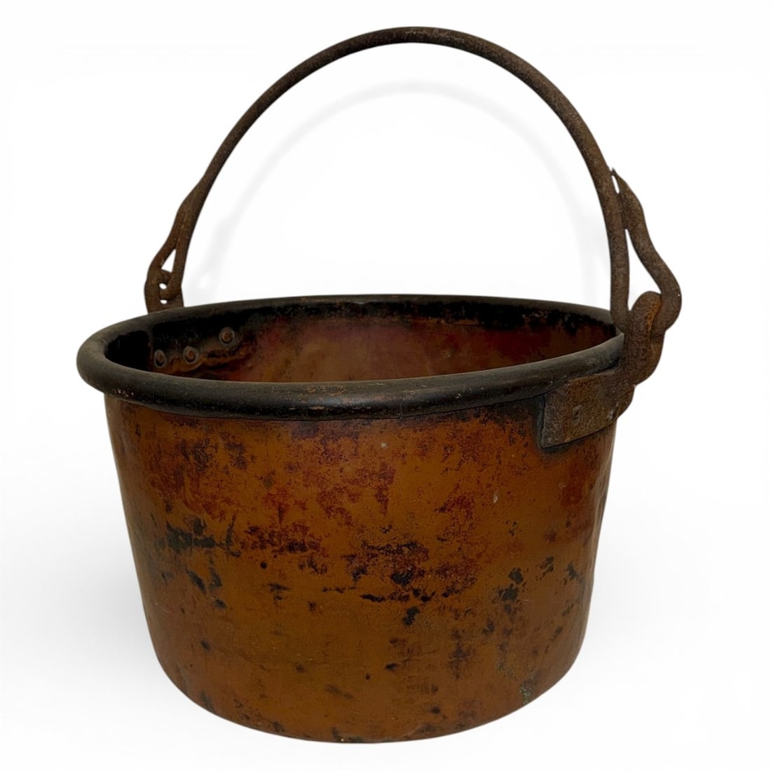 Large Antique Hand Hammered Copper French Apple Butter Kettle: Copper with iron handles. Measures 15.5" H x 25" W (handle to handle) x 19.5" internal diameter x 12" handle drop.