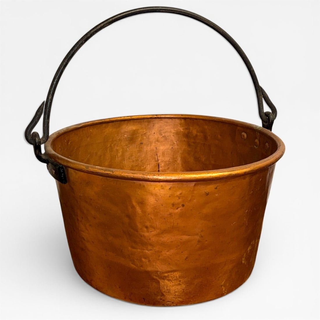 Massive Antique French Hand Hammered Copper Apple Butter Kettle: Measures 19" H x 33" handle to handle x 27.25" diameter, 16" handle drop.