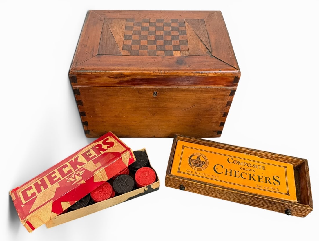 19th C English Game Box: Includes the checkers box and two sets of checkers. Box measures 6" H x 9.5" W x 7" D.