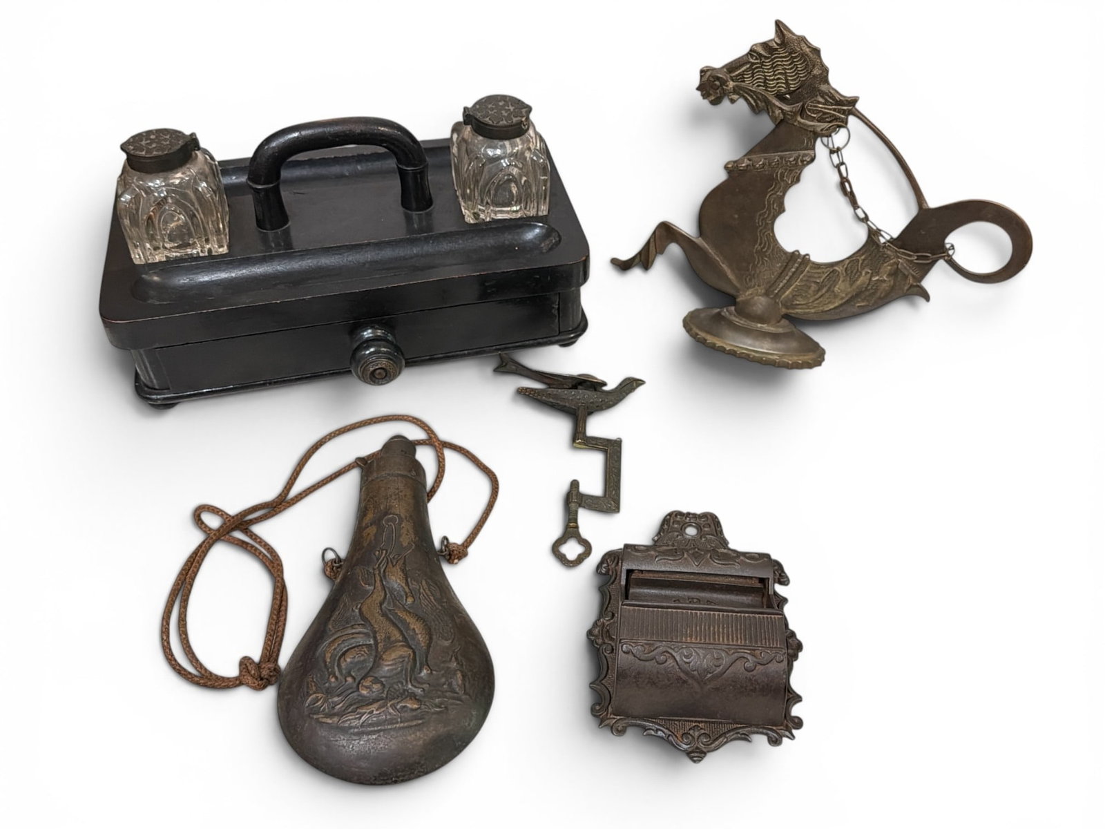Collection Victorian Articles, Gondola Oar Holder, Etc.: Includes a complete inkwell set, gunpowder holder, sewing bird clamp, wall pocket match holder, and a cavallo / gondola oar holder. The inkwell set measures 5.5" H x 11" W x 7.5" D, the powder flask m