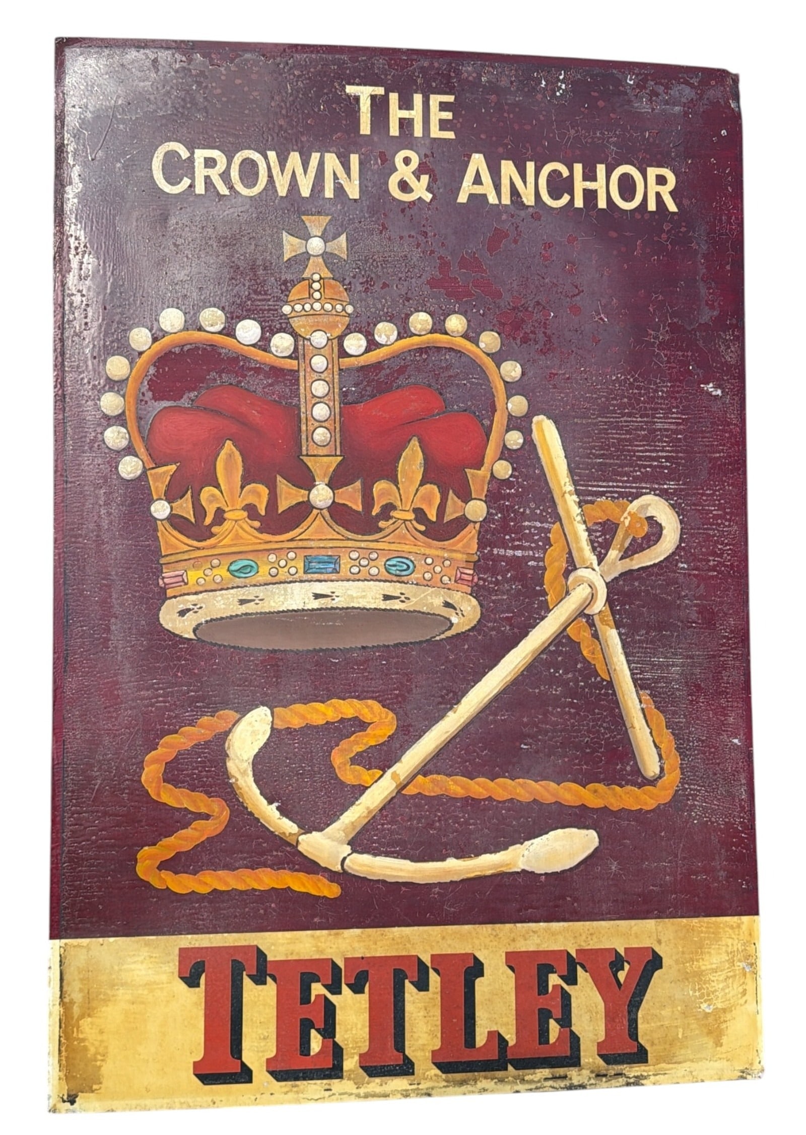 Vintage British Pub Sign, TETLEY Crown and Anchor: Measures 44.5" H x 30" W. Painted on metal.