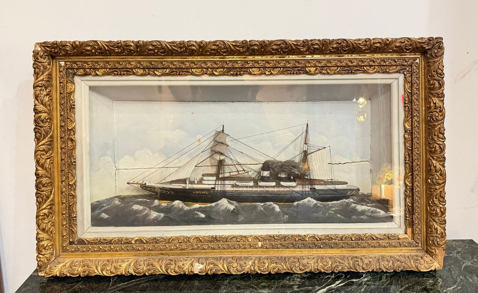 Two Masted Steam Schooner Ship Model Shadowbox - 2
