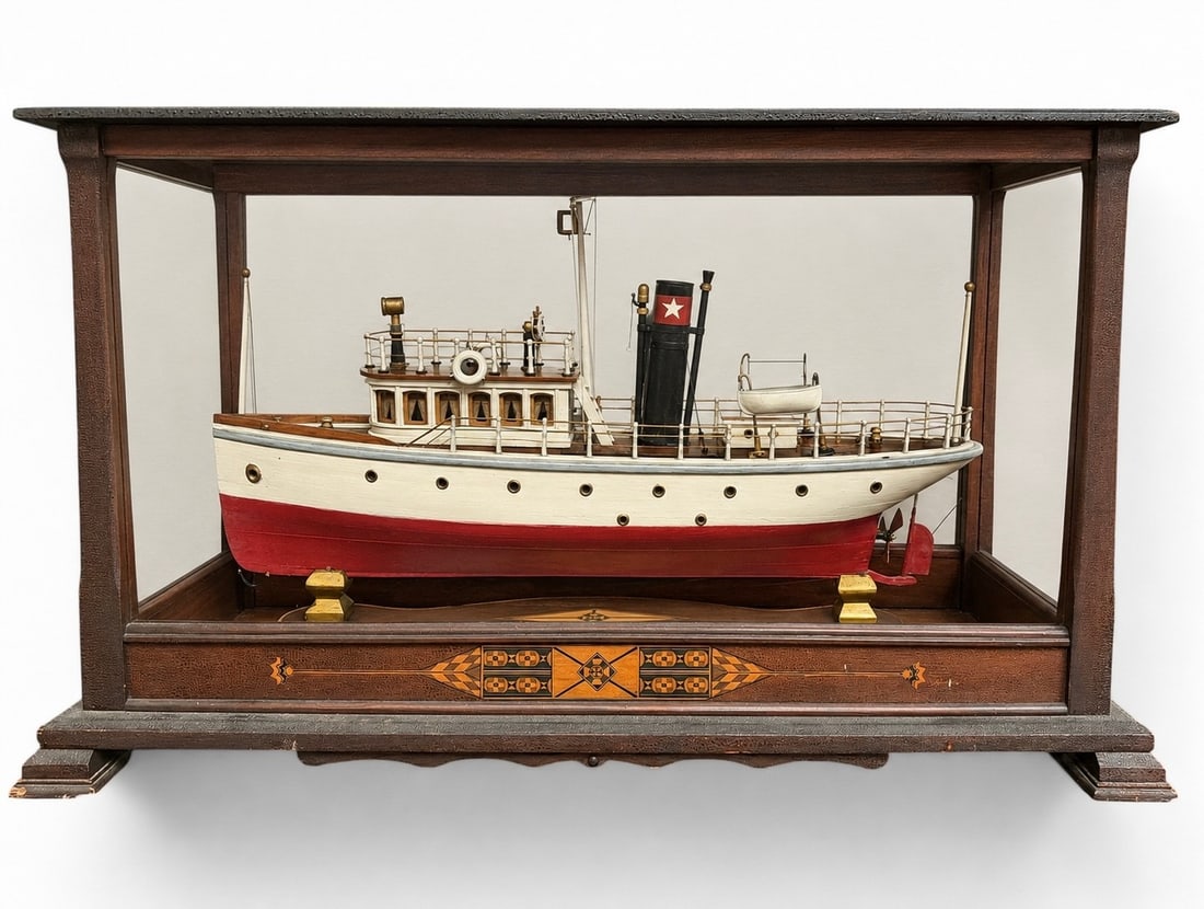 Large Steam Ship Model in Marquetry Inlay Case (1 of 9)