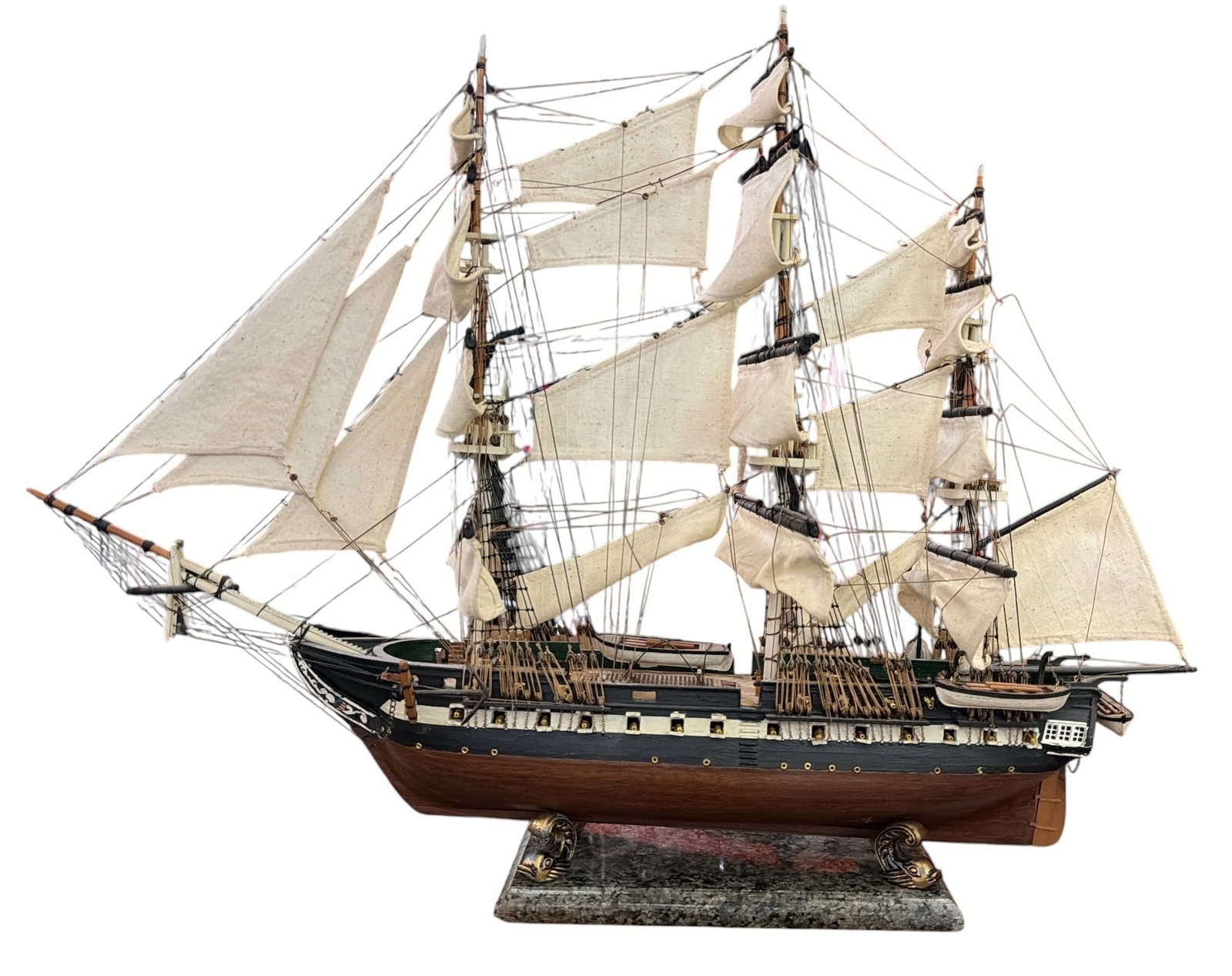 Vintage Sailing Ship Model on Marble Base: Measures 21.5" H x 29" W x 5" D.