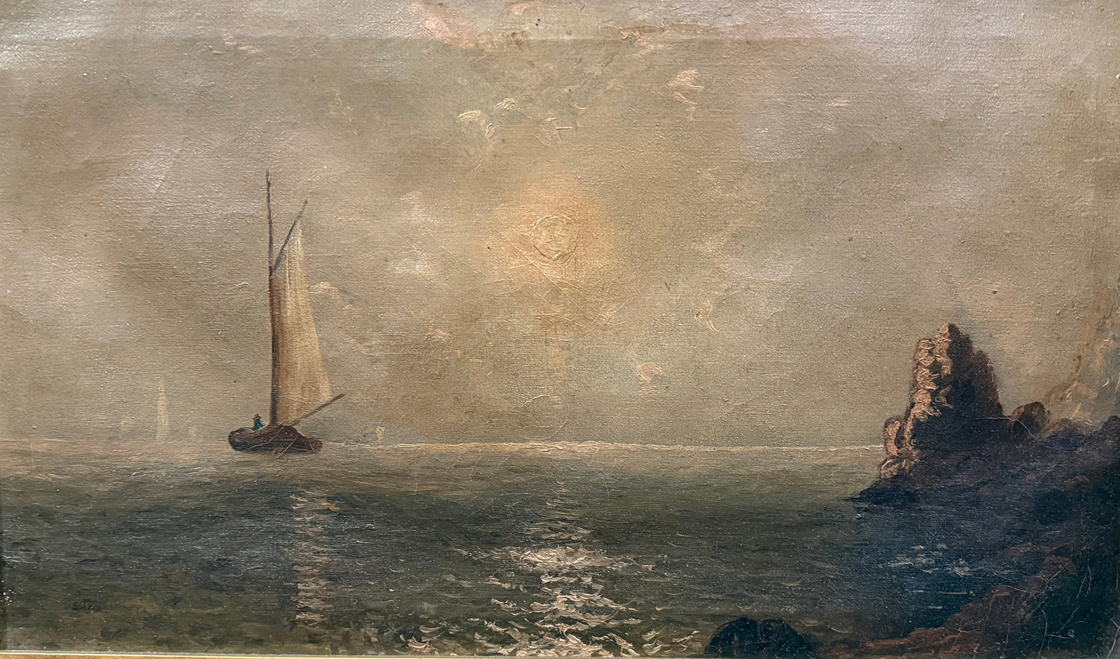 19th C. Sailboat Seascape Oil Painting: Extremely intricate framework, unsigned, oil on canvas. Measures 14.25" x 20.5" x 1.25" D in the frame, sight measures 9.5" x 16".