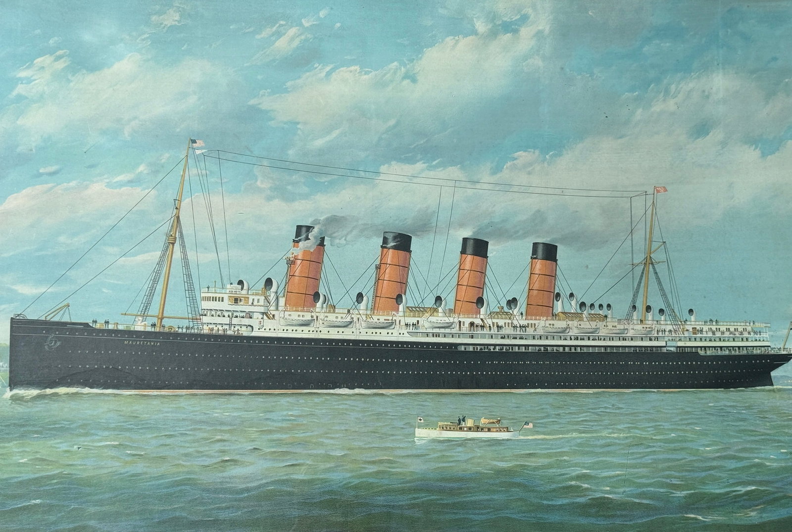 FREDERICK PANSING (NJ,German,1844-1912) Cunard Line Large Oilette: Also referred to as Fred Pansing. Cunard Line - Lusitania, Mauretania. Signed Fred Pansing lower left. Measures in frame 30.5" H x 48.75" W x .75" D. Sight measurement is 23.5" H x 43.5" W. The piece