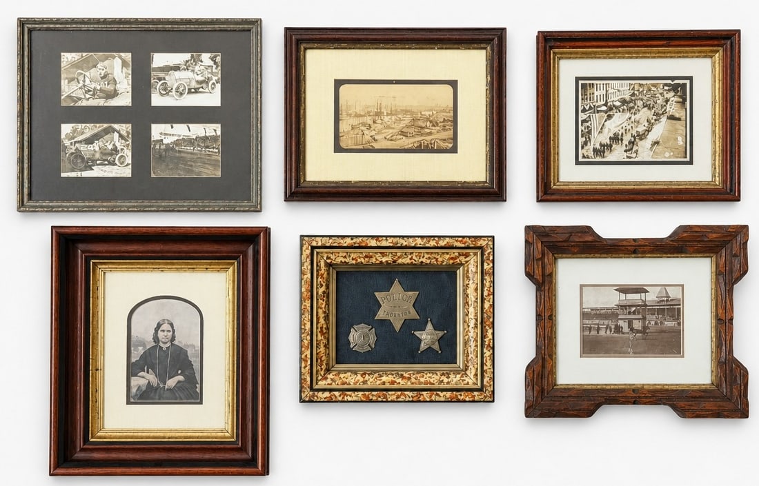 Gallery Wall of Antique Oddity Photographs: Includes the building of a shipyard, political parade, antique police badge, horse racing, and more. The largest is the framed photograph of a woman and it measures 15" x 13" x 2" D, the smallest is t