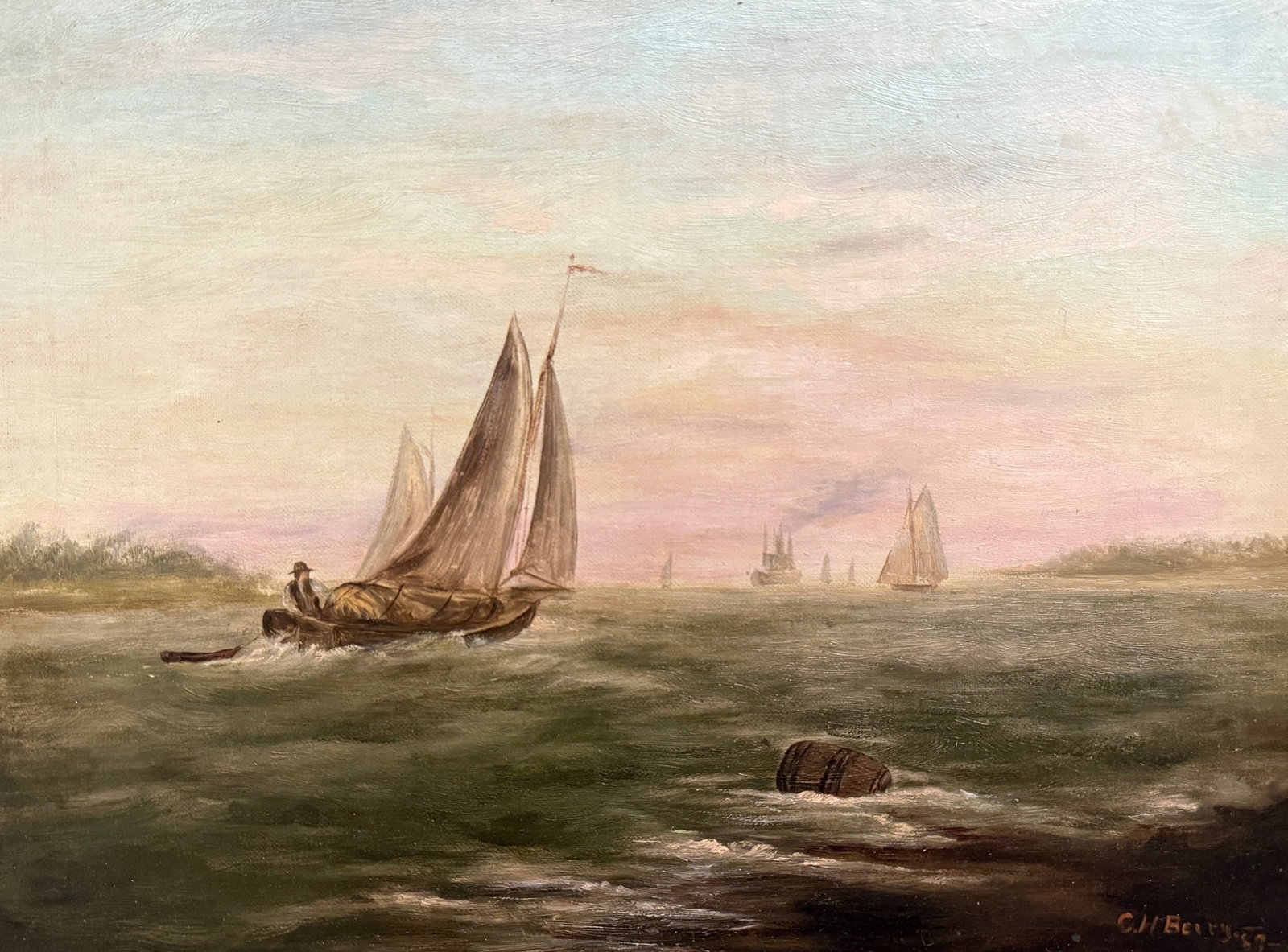 19th C. Sail Ships Nautical Oil Painting, Signed: Oil on canvas. Measures in frame 21" x 25" x 4.5" D, sight measures 11.75" x 15.75". Illegibly signed lower right, appears to be either "C.H. Berry" or "C.H. Betty".