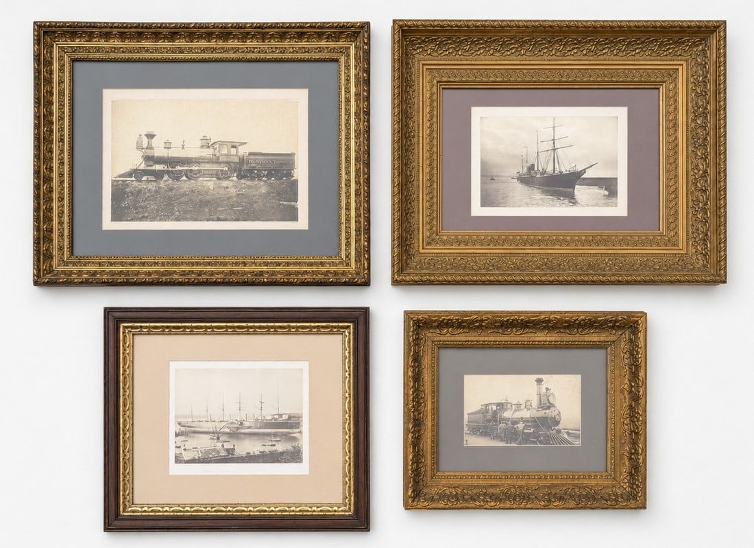 Gallery Wall of Antique Railroad and Boat Photographs: The largest depicts a Hinkley steam engine that measures 20.5" x 27.25" x 2.5" D in the frame and the smallest depicts men in front of an engine that measures 14.25" x 18" x 2" D in the frame.