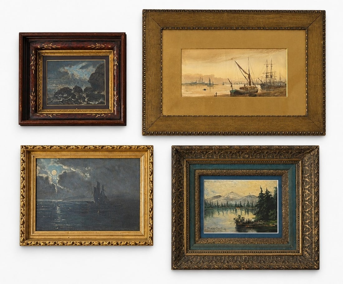 Gallery Wall of 19th C. Oil and Watercolor Paintings, Seascape Sailboats: Includes a large watercolor painting that measures 18.5" x 27" x 1" D, a gold gilt framed oil on board that depicts a moody sailboat ocean scene that measures 12" x 15.75" x 1.75" D, a blue and gold f