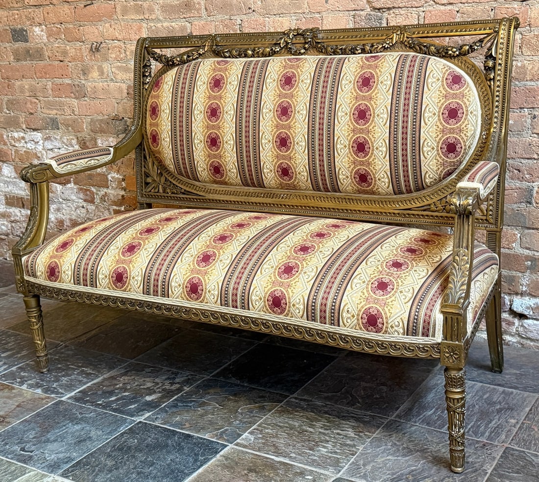 19th C. French Louis XVI Style Gold Giltwood Settee: 40" H to back x 16" H to seat x 54" W x 26" D.