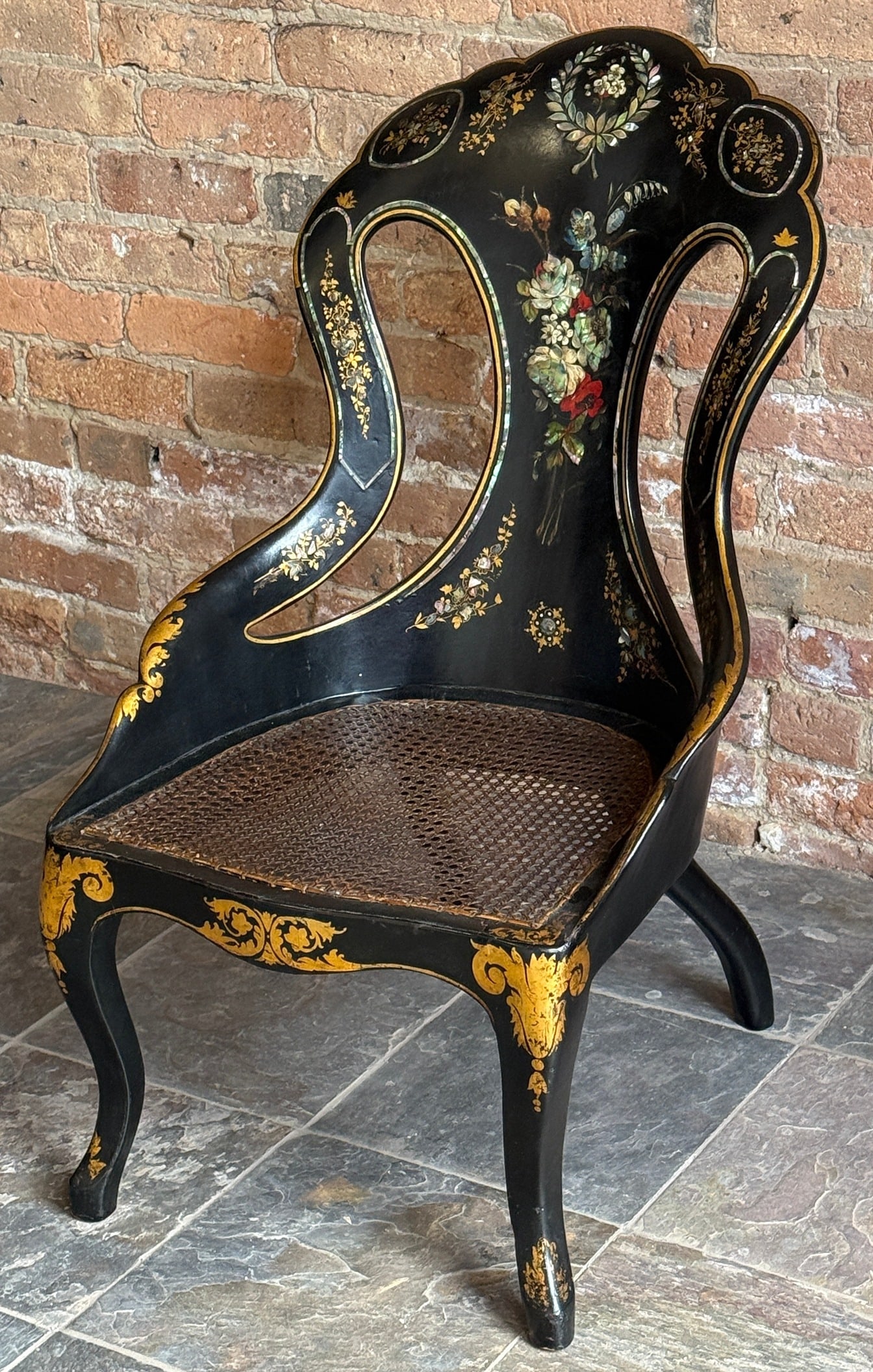 Victorian Papier-Mache Gondola Chair, Mother of Pearl Inlay (1 of 6)