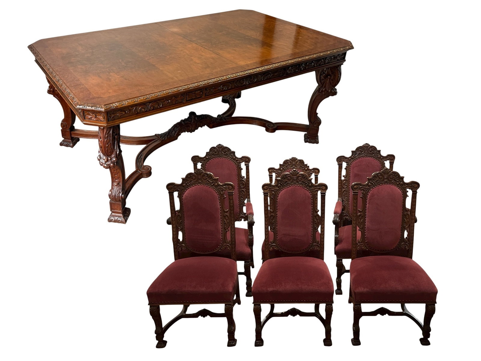 Antique Rococo Revival Highly Carved Dining Set: 30.5" H x 72" W x 44" D. Comes with 2 leaves that add 14", each. Armchairs measure 50" H to the back, 20" H to the seat x 29" W x 22" D, the armless chairs measure 45.5" H to the back, 20" H to the se