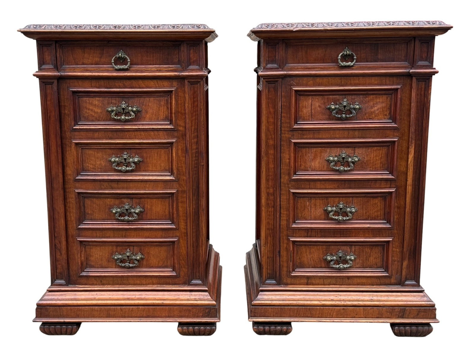 Italian Renaissance Revival Carved Nightstands, Pair: 35" H x 20.25" W x 17" D, each.