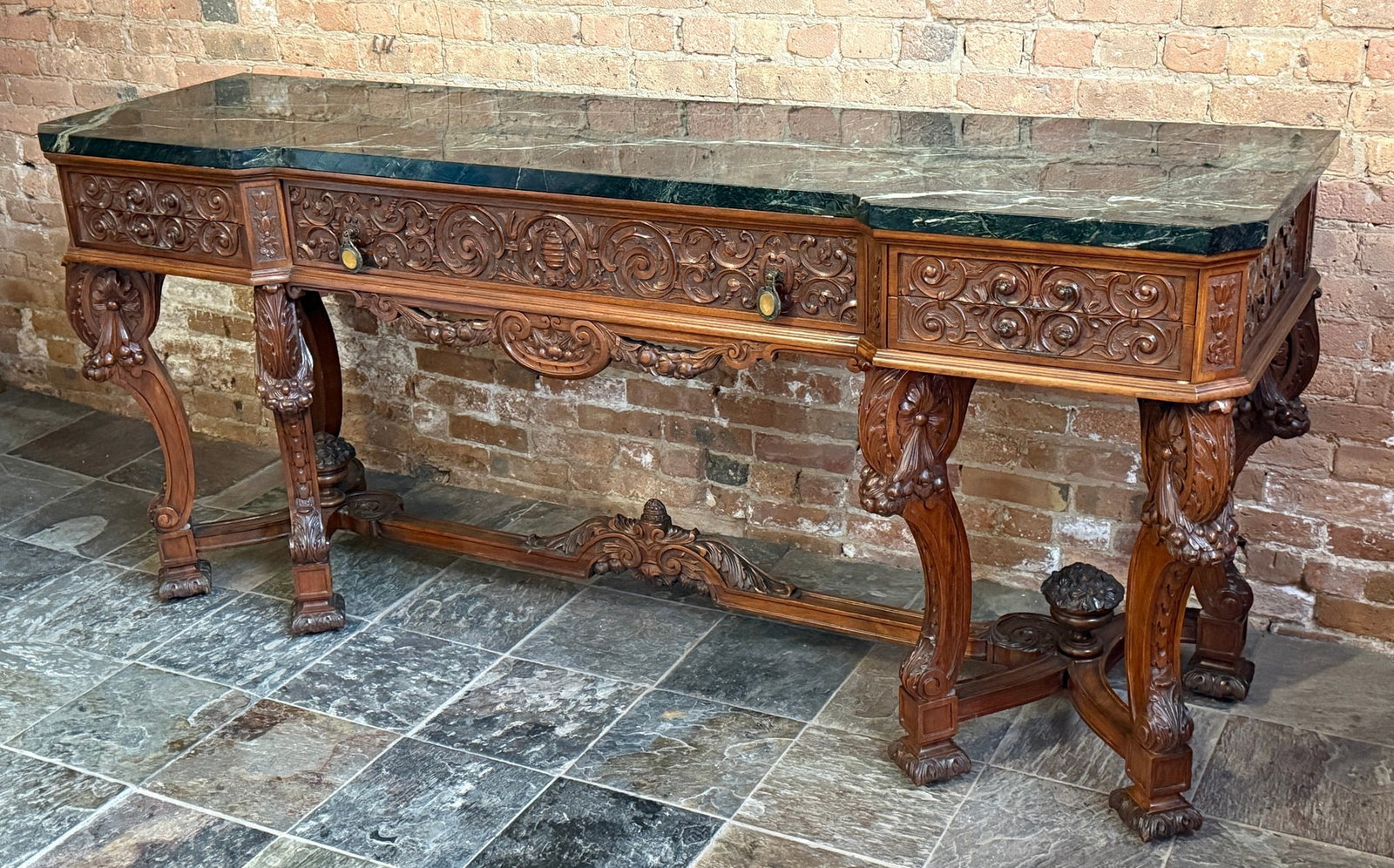 JOHN HENRY BELTER Attr. Highly Carved Victorian Marble Console: 37" H x 83" W x 23" D. this is an exceptional piece, if not Belter, possibly German Black Forest or Italian The green marble has a depth of 1 3/8 inch.