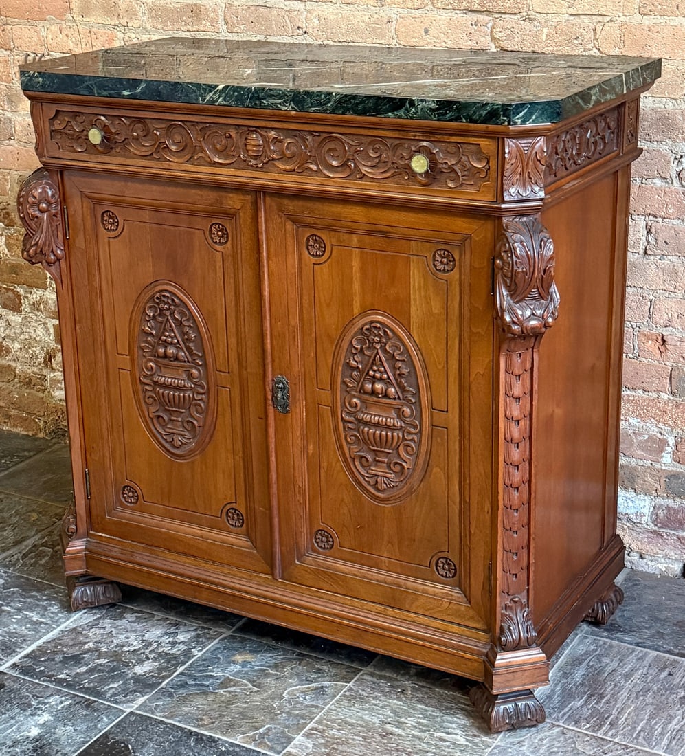 Antique Rococo Revival Highly Carved Marble Top Server: 42.75" H x 41.5" W x 21" D.