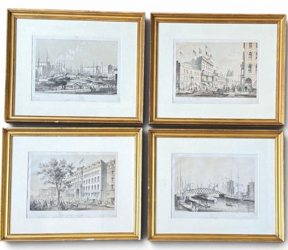 Four Jevne & Almini Chicago Lithographs: This grouping includes "Lake St. Bridge", "Junction of The Chicago River", "Crosby Opera House", and "Colwood's Museum". All are marked and published by Jevne & Almini. All measure 16.75" x 20" x 1" D