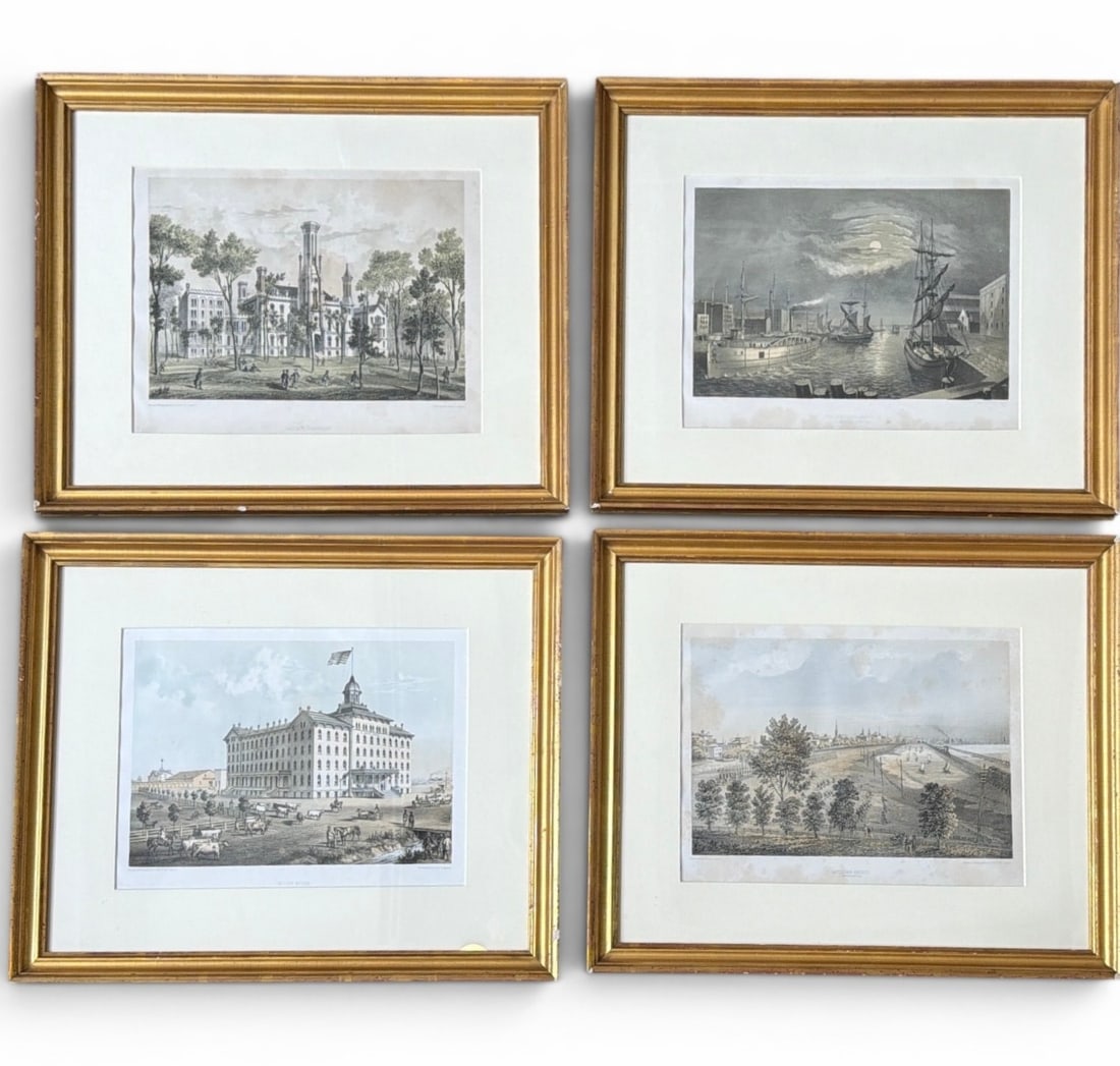 Four Jevne & Almini Chicago Lithographs: This grouping includes "Chicago University", "The Chicago Harbor From Rush St Bridge", "Michigan Avenue From Park Row", and "Hough House". All measure 16.75" x 20" x 1" D in the frames, sight measures
