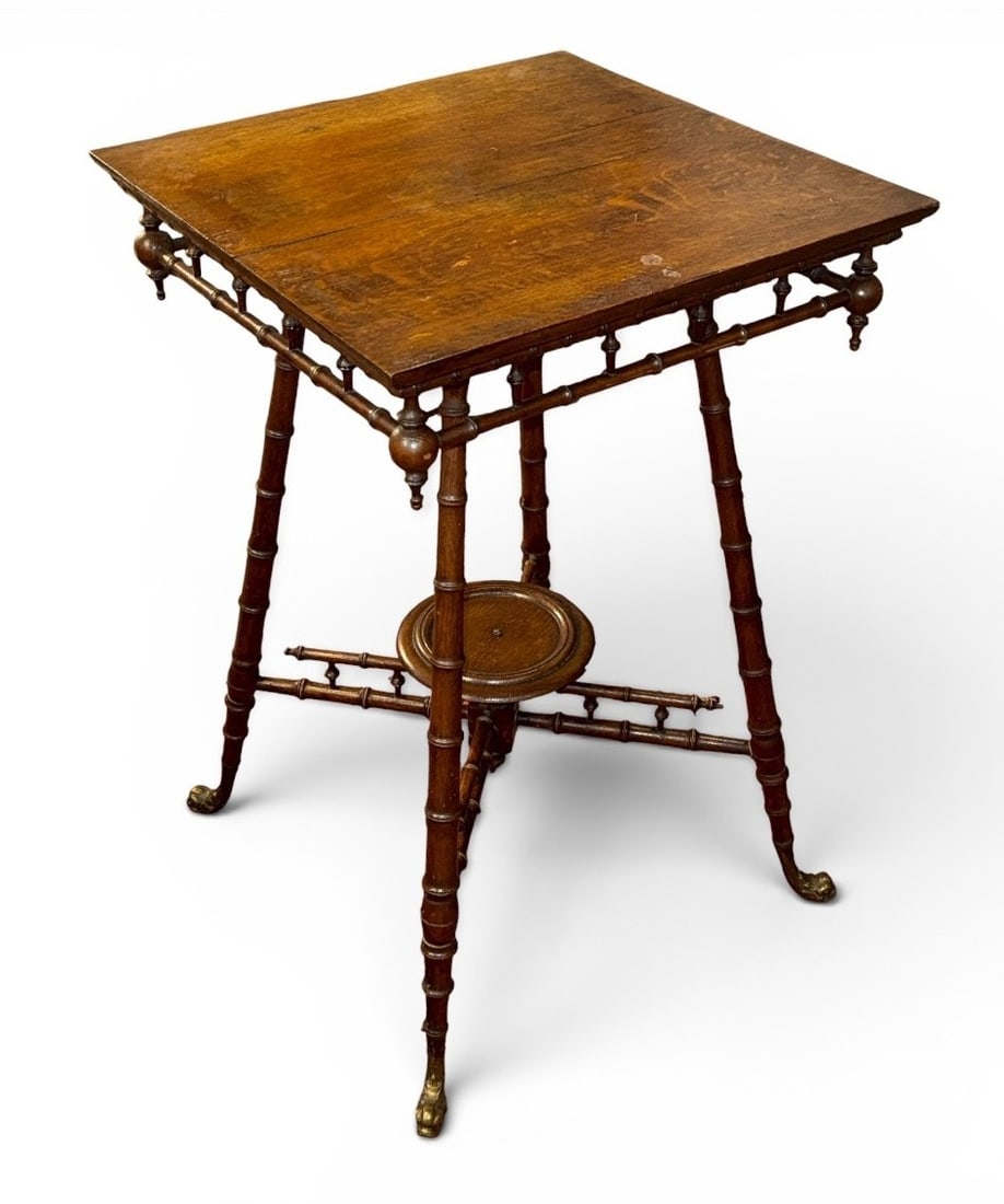 Antique Victorian Oak Parlor Table, Brass Dolphin Feet: Measures 31" H x 20" W x 20" D. Stick and ball, brass dolphin feet.