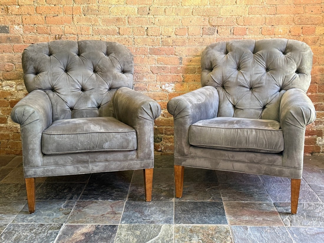 Set of French Style Grey Tufted Lounge Chairs: Measures 40" H to back x 19" H to seat x 34" W x 36" D, each.