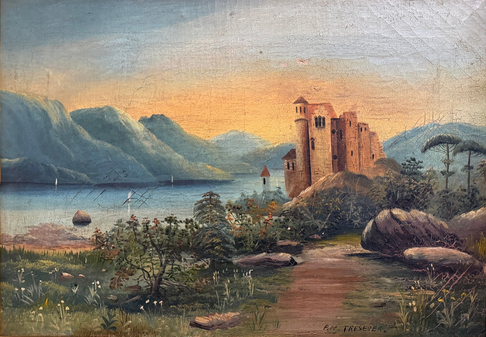 F.M. TRESEDER (American, Mormon 1853 - 1923) Landscape Oil Painting: Oil on canvas. Measures 17.25" x 22.5" x 2.5" D. Sight measures 11.75" x 16.5". Signed in lower left hand corner. See Antiques Roadshow for a piece by this same artist.
