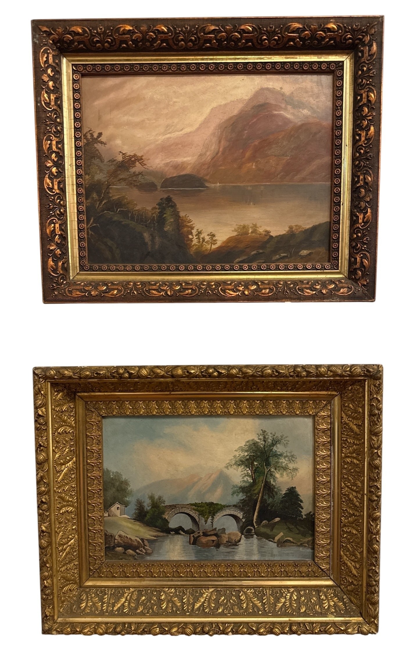 Two 19th C. Landscape Oil Paintings: Both are oil on board. Top measures in frame 16.5" x 20.75" x 2" D, sight measures 11.5" x 15.5". Bottom measures in frame 16.5" x 20.5" x 3" D, sight measures 9.5" x 13.5". No visible signatures.