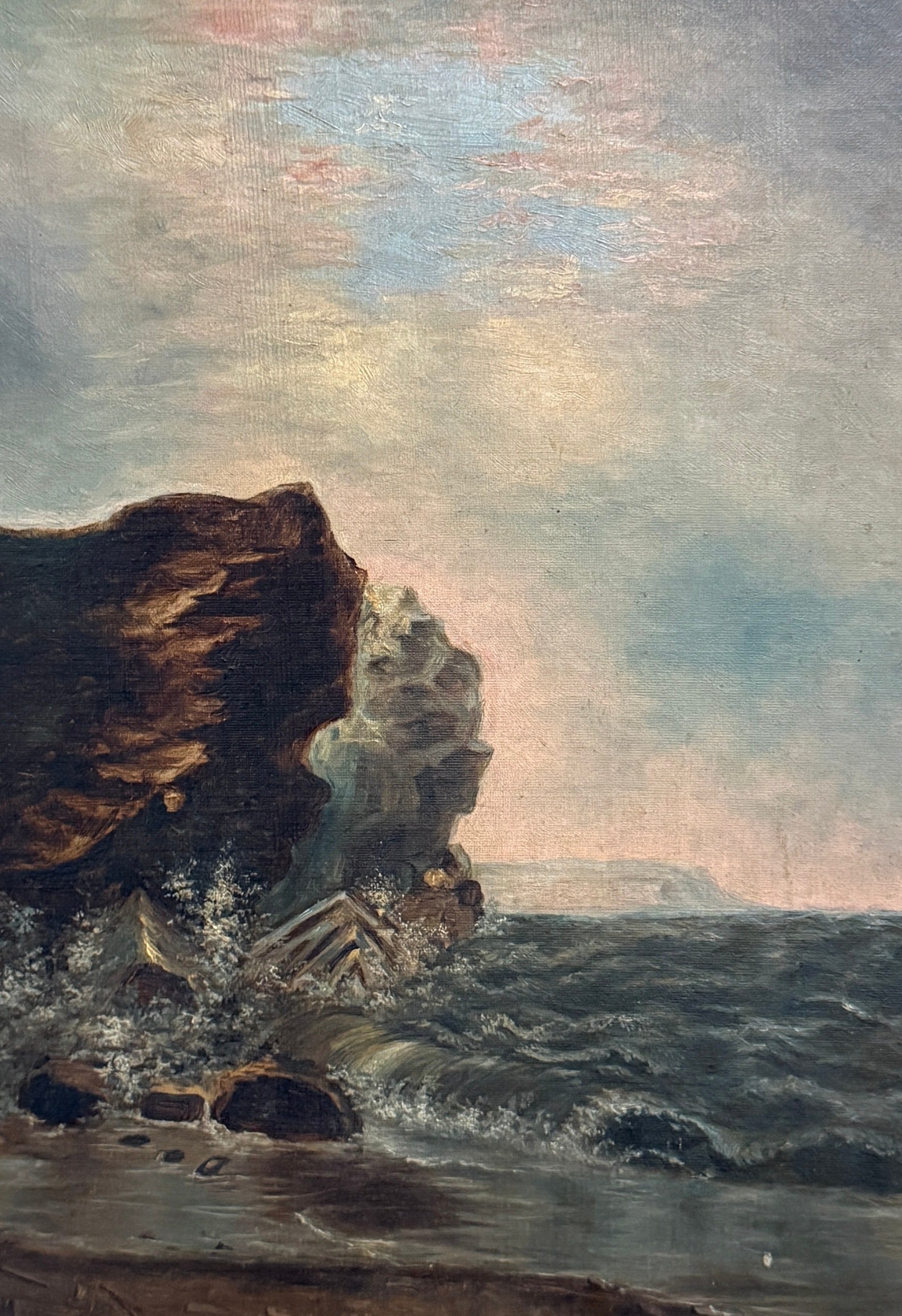 19th C. Cliffside Seascape Oil Painting: Oil on canvas. Measures 22.25" x 18.5" x 3"D in frame. Sight measures 13.5" x 9.25". Unsigned.