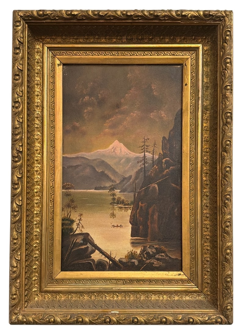 19th C. Oil Painting of Mount Hood, Oregon: Oil on board, unsigned. Measures 21" x 14.5" x 2.5" D in the frame, sight measures 14.5" x 8.25".