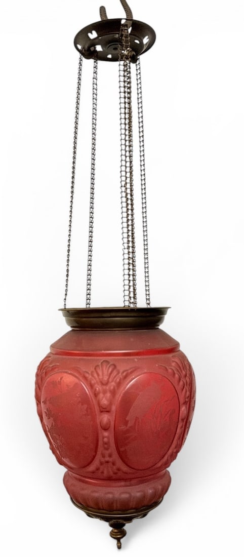 19th C. Victorian Cranberry Glass and Brass Hanging Pull Oil Lamp: Measures 26" long x 6.5" long hook x 8" overall diameter.