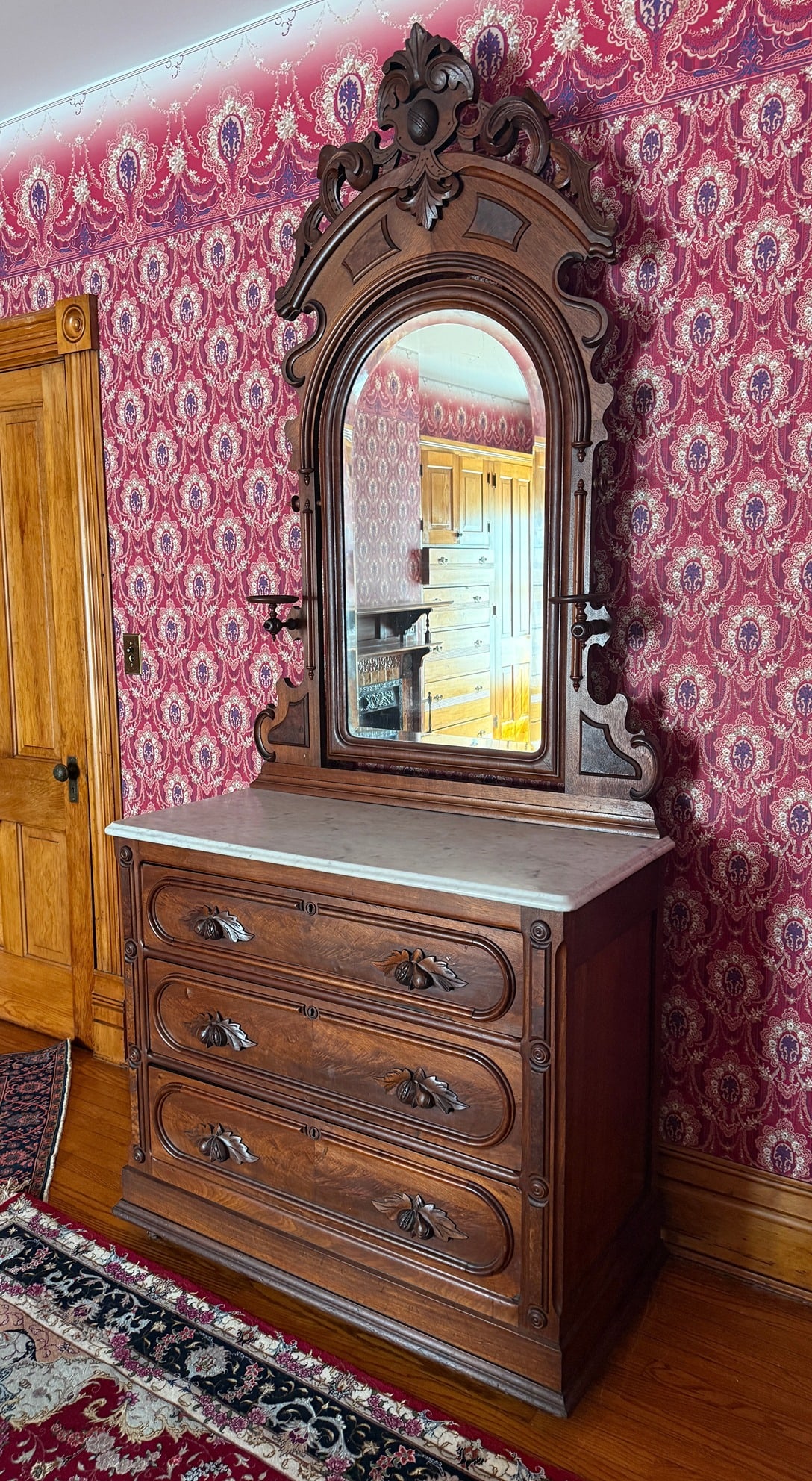 Antique Victorian Eastlake Walnut Washstand Dresser and Mirror: Marble top washstand dresser with mirror. Measures 96" H x 42" W x 20" D.