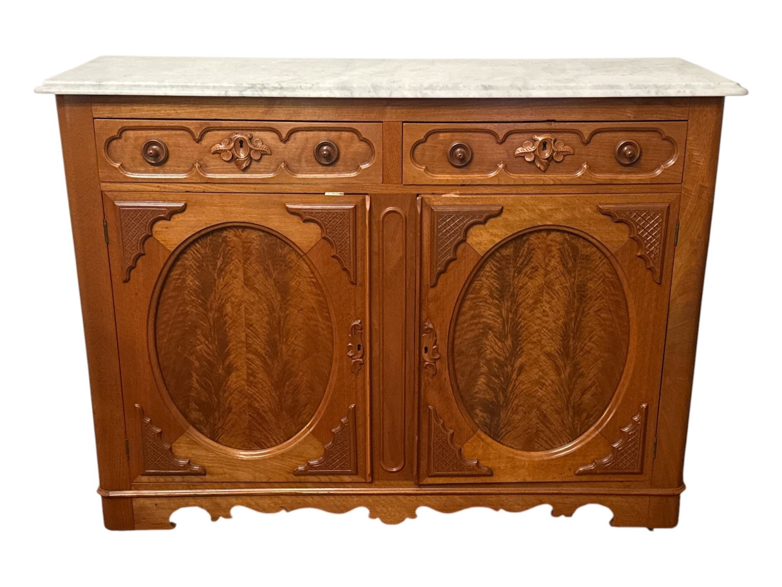 Antique Victorian Flamed Mahogany and Marble Top Server: Measures 42.5" H x 56.5" W x 19" D.