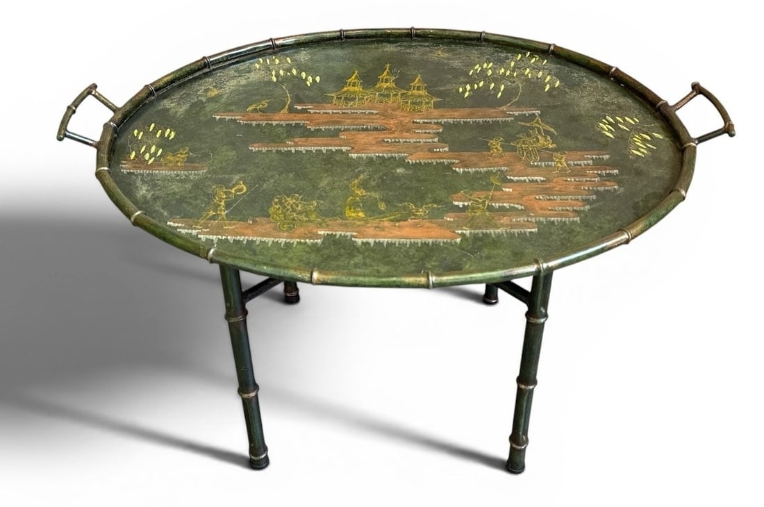 Italian Chinoiserie Tray Table: Measures 18.5" H x 34.25" W x 27" D. Tray is fully removable from base.