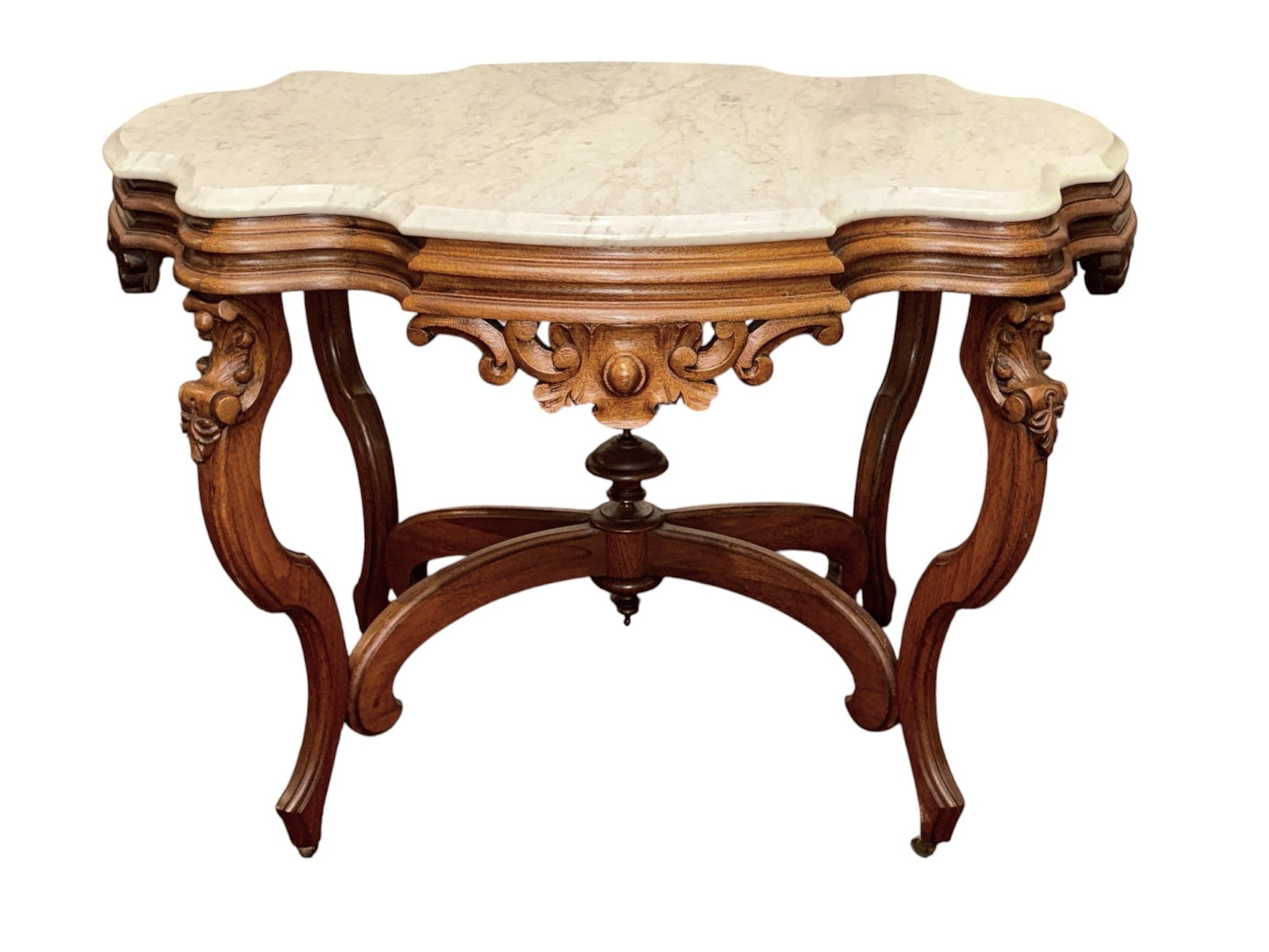 Antique Eastlake Victorian Marble Top Parlor Table: Turtle top marble parlor table. Cabriole leg with casters. Measures 30" H x 40.5" W x 29" D.