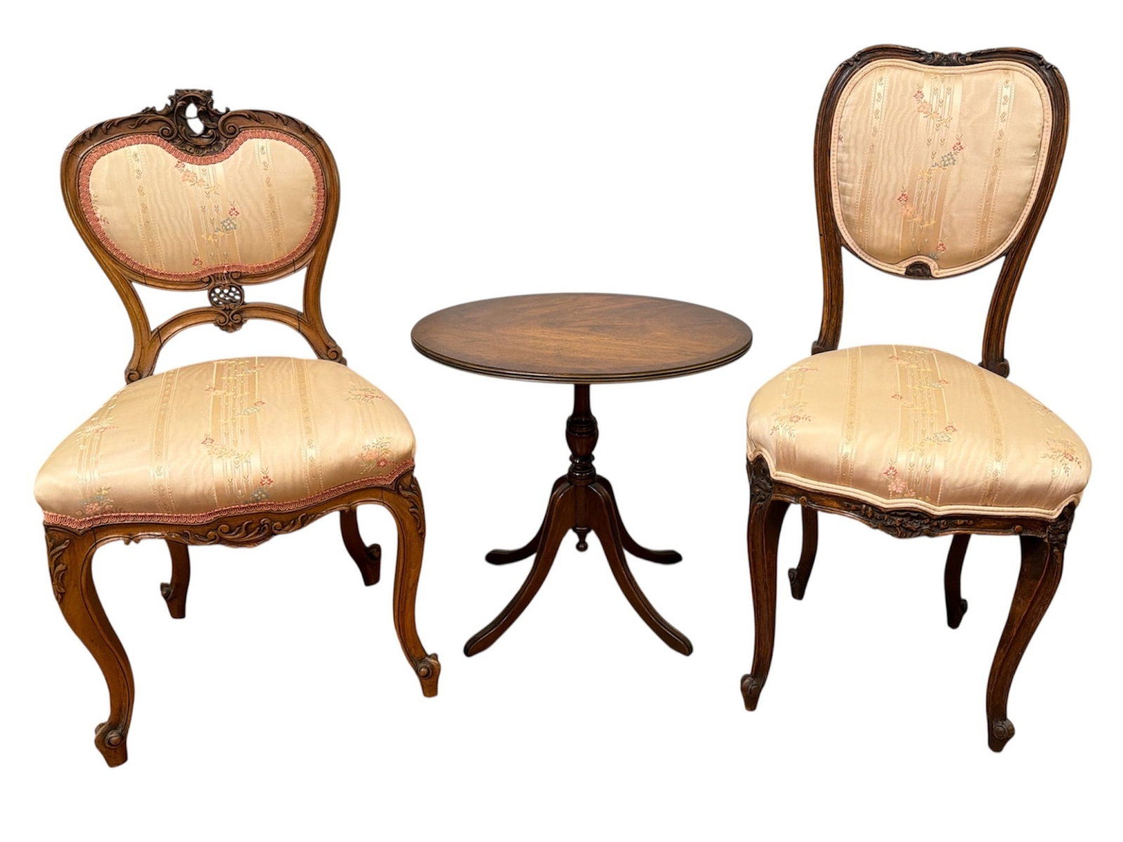 English Mahogany Parlor Set: Table is Reprodux, retains tag to underside and measures 20" H x 21" W x 15.5" D. Larger silk petit point accent chair 36" H to the back x 19" H to seat x 17" W x 16.5" D.