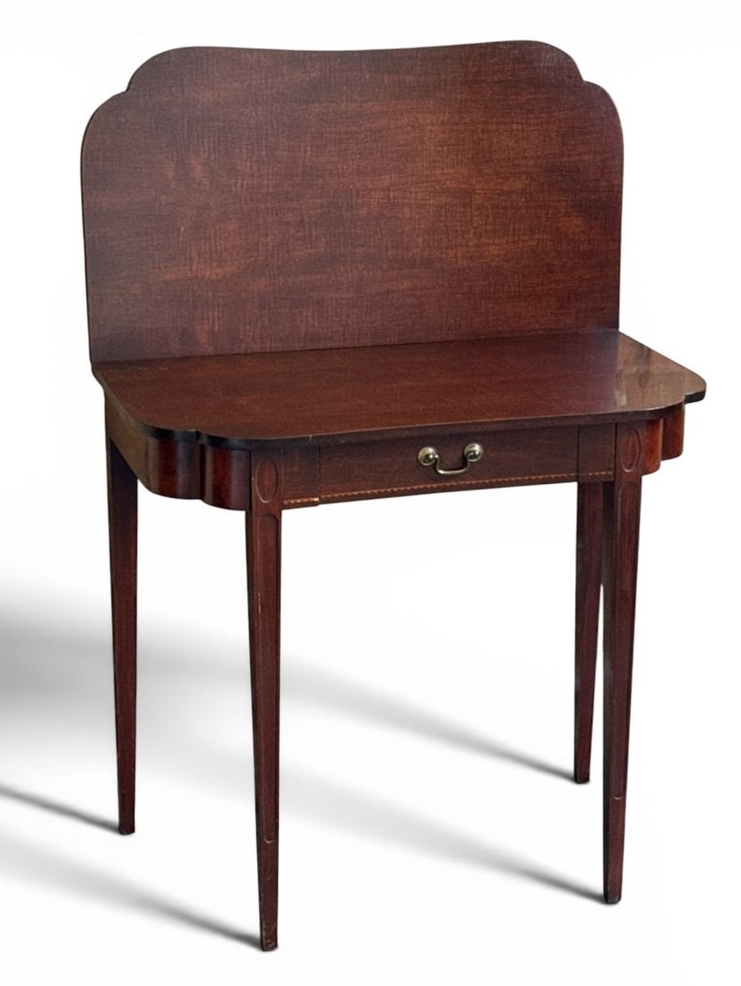 MARSHALL FIELD & COMPANY Federal Style Slide Top Game Table: 30" H x 32" W x 16.5" D x 33" L when expanded. Retains Marshall Field & Company label to inside drawer.