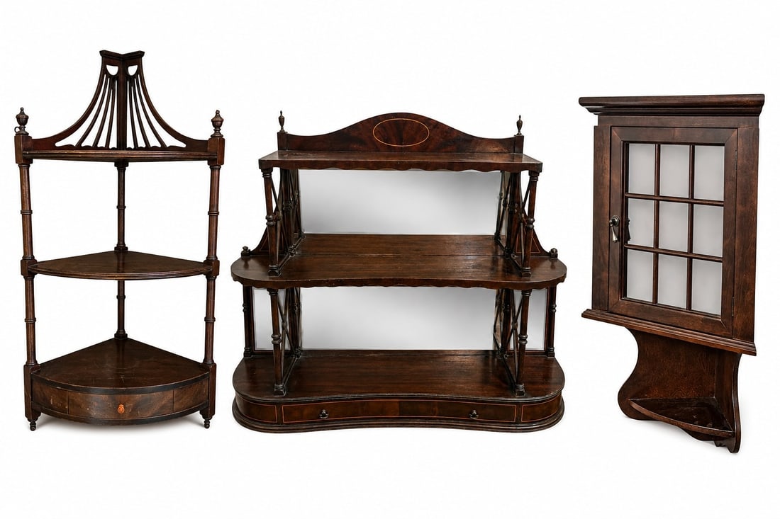 Three Mahogany Hanging Wall Shelves, BOMBAY CO, WEIMAN: Bombay Company corner shelf measures.33" H x 19.75" W x 10" D. Fine Arts Furniture Co. Grand Rapids, Michigan corner shelf measures 32.75" H x 15" W x 11.5" D. Weiman Heirloom wall shelf measures 25.5