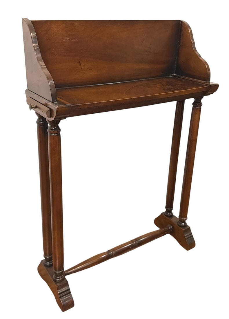 Vintage Mahogany Chairside Bookshelf: Includes pullouts to hold drinks or candles. Measures 27" H x 19" W x 6.75" D, each panel extends out 8".