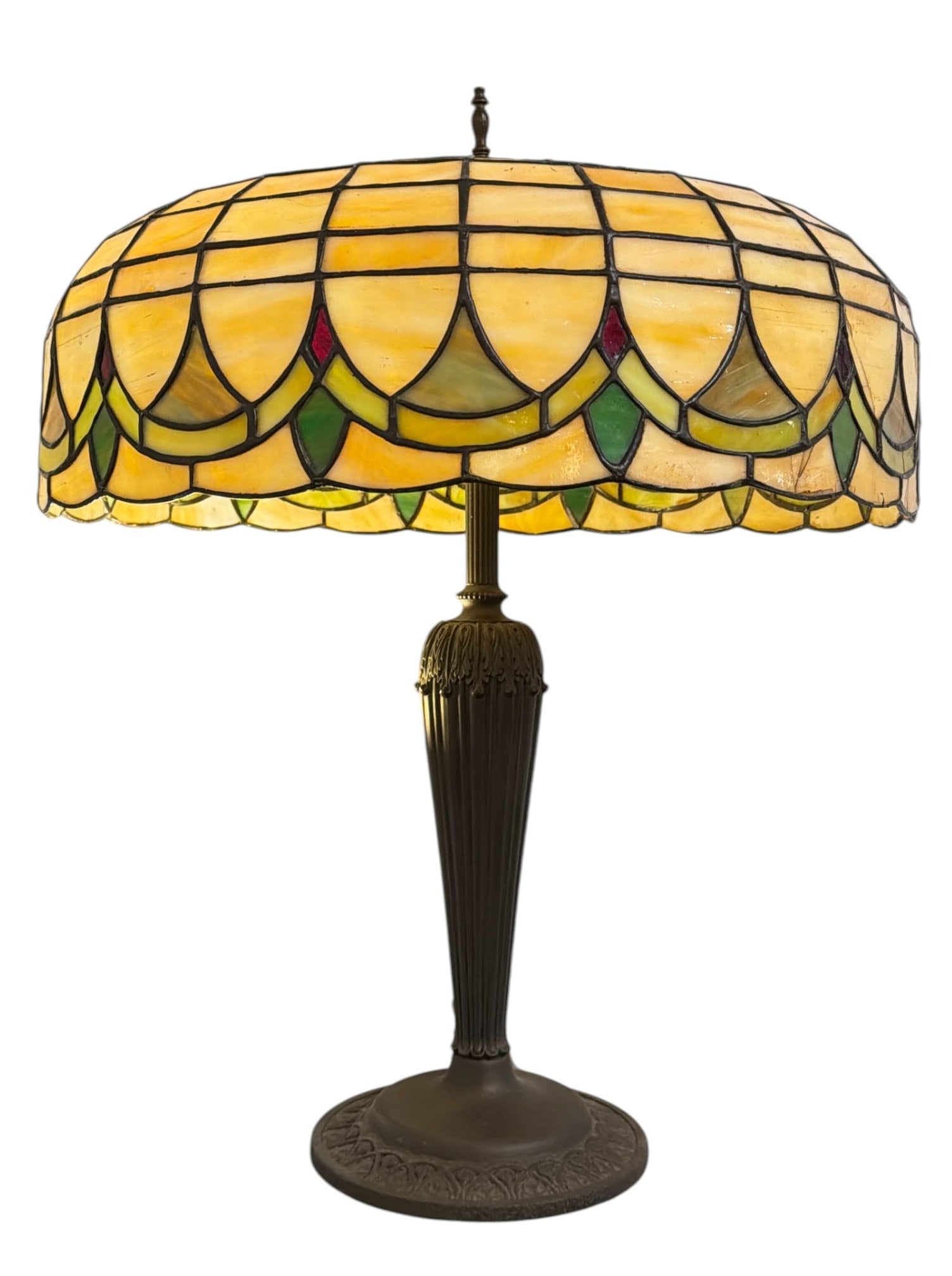Art Nouveau Stained Glass Lamp, Wilkinson or Duffner & Kimberly: Exquisite art nouveau stained glass lamp by either Wilkinson or Duffner and Kimberly. Measures 22" H x 18.5" shade diameter, 7" diameter at the base. Please note, this lamp does not have light sockets