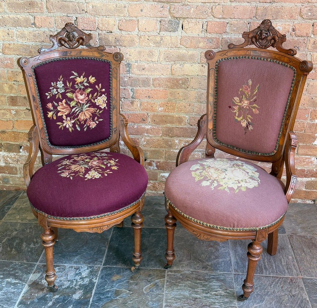 Two Nailhead Trim Renaissance Revival Parlor Chairs: Lighter red upholstery measures 42.75" H to the back x19" H to the seat x 21.25" W x 21" D. Darker red upholstery chair measures 41.5" H to the back x 20" H to the seat x 21" W x 21" D.