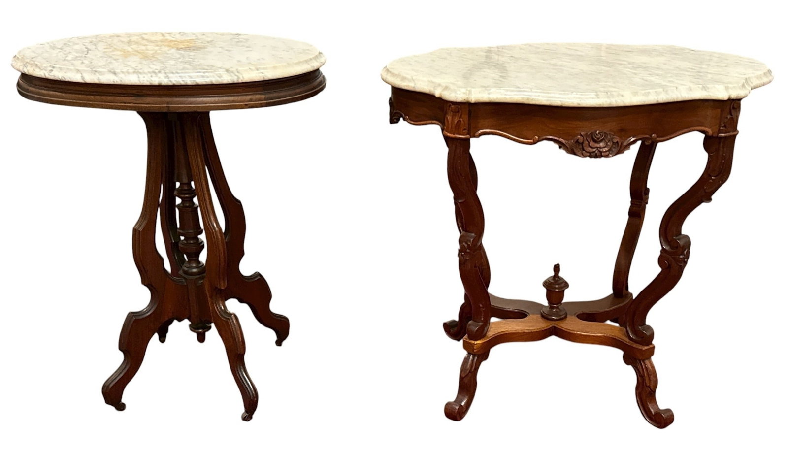 Two Victorian Walnut Marble Top Parlor Tables: Turtle top marble table measures 29" H x 31.5" W x 22.5" D, oval top table measures 30.5" H x 24.5" W x 18.5" D.