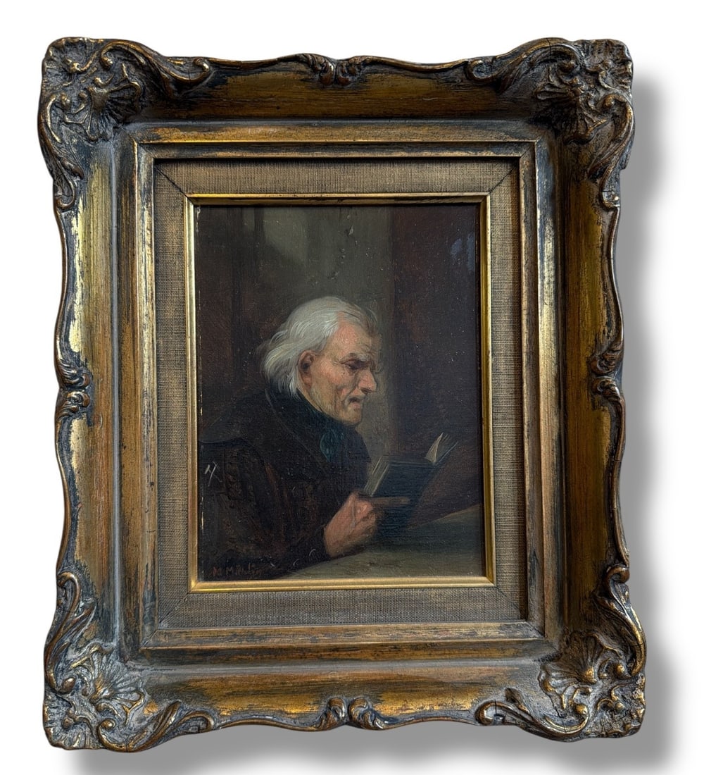 19th C. Oil Painting of Man Reading: Indiscernible signature in the lower left corner. Oil on board. Measures 13" x 11.25" x 2" D in the frame, sight measures 7.75" x 6".