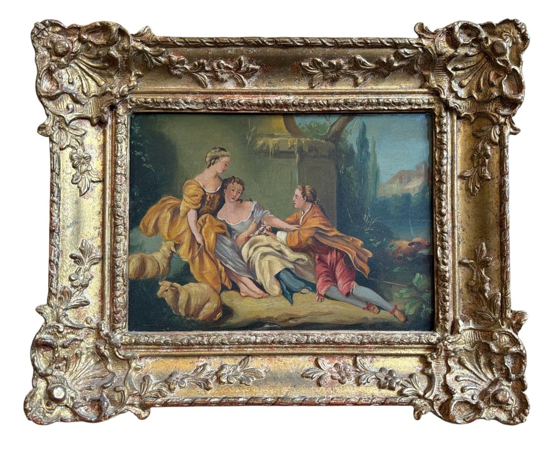 Victorian Oil Painting of Women and Sheep: Indiscernible signature in the center left. Oil on board. Measures 14" x 17.5" x 2.25" D in the frame, sight measures 8.25" x 11.5".