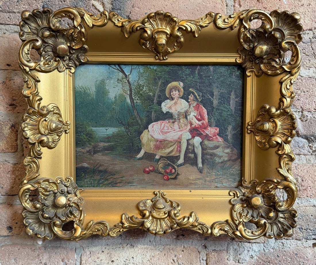 European School Romantic Oil Painting: Oil on canvas, unsigned. Measures 14" x 17" x 3.25" D in the frame, sight measures 8.5" x 11.5".