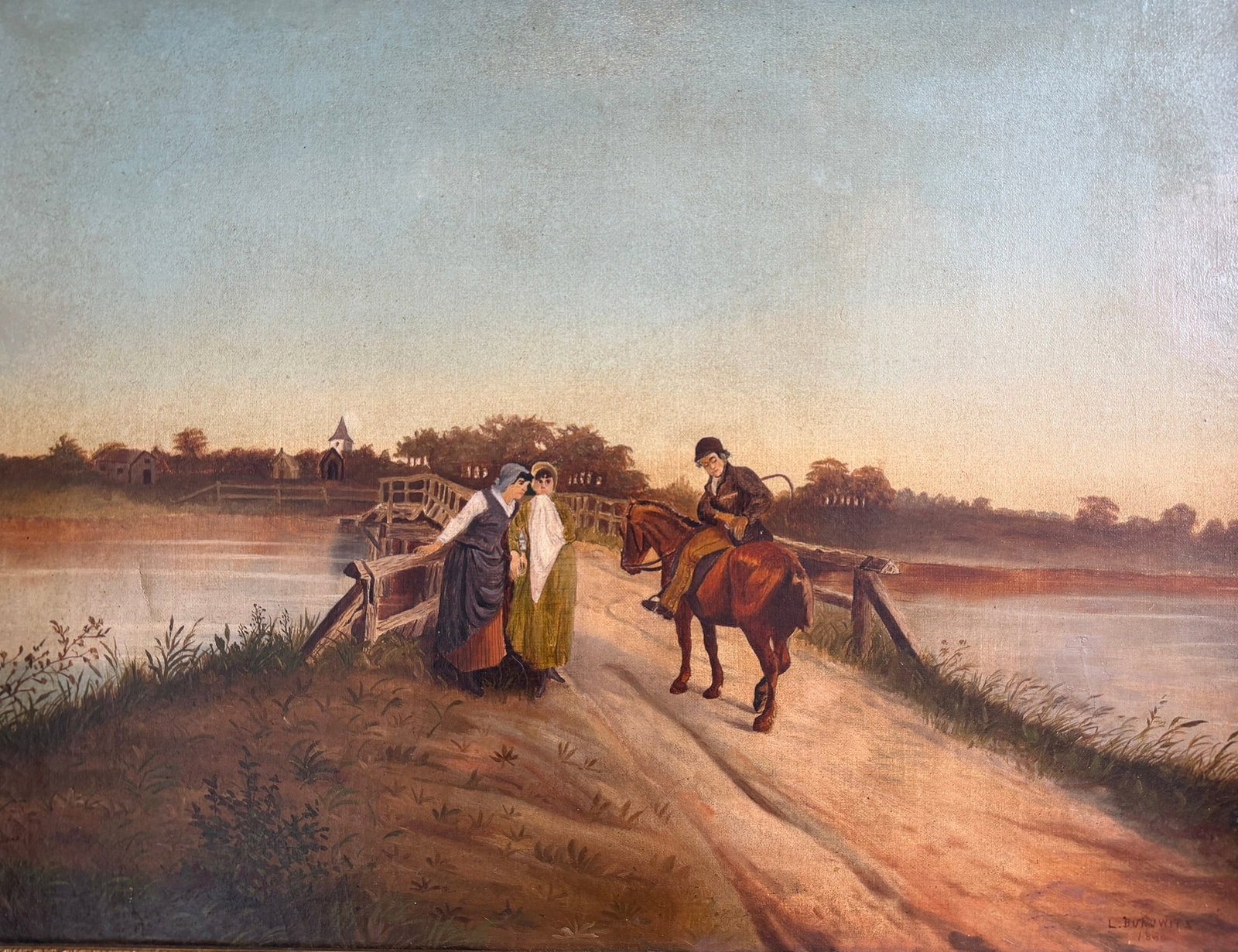 1800's Victorian Oil Painting, L. BURKOWITZ: Oil on Canvas, signed and dated 1886 in the lower right corner. Depicts a man on horseback addressing two women. Measures 24.5" x 3" x 3.5" D in the frame, sight measures 18" x 24".