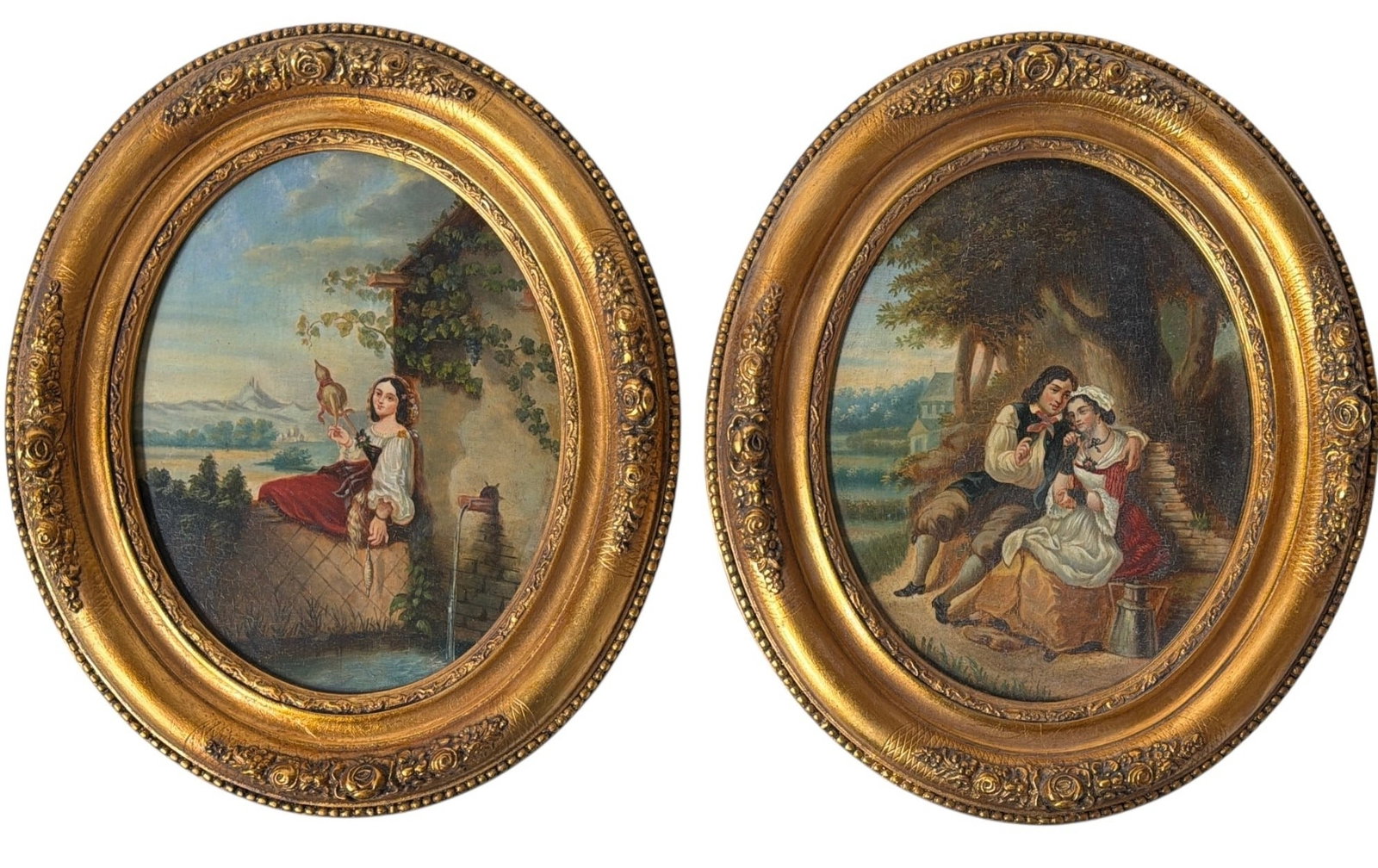 Two Petite Oil on Board Village Scenes: Both are unsigned. Each measures 14" x 12" x 1" D in the frame, sight measures 9.25" x 7.5".