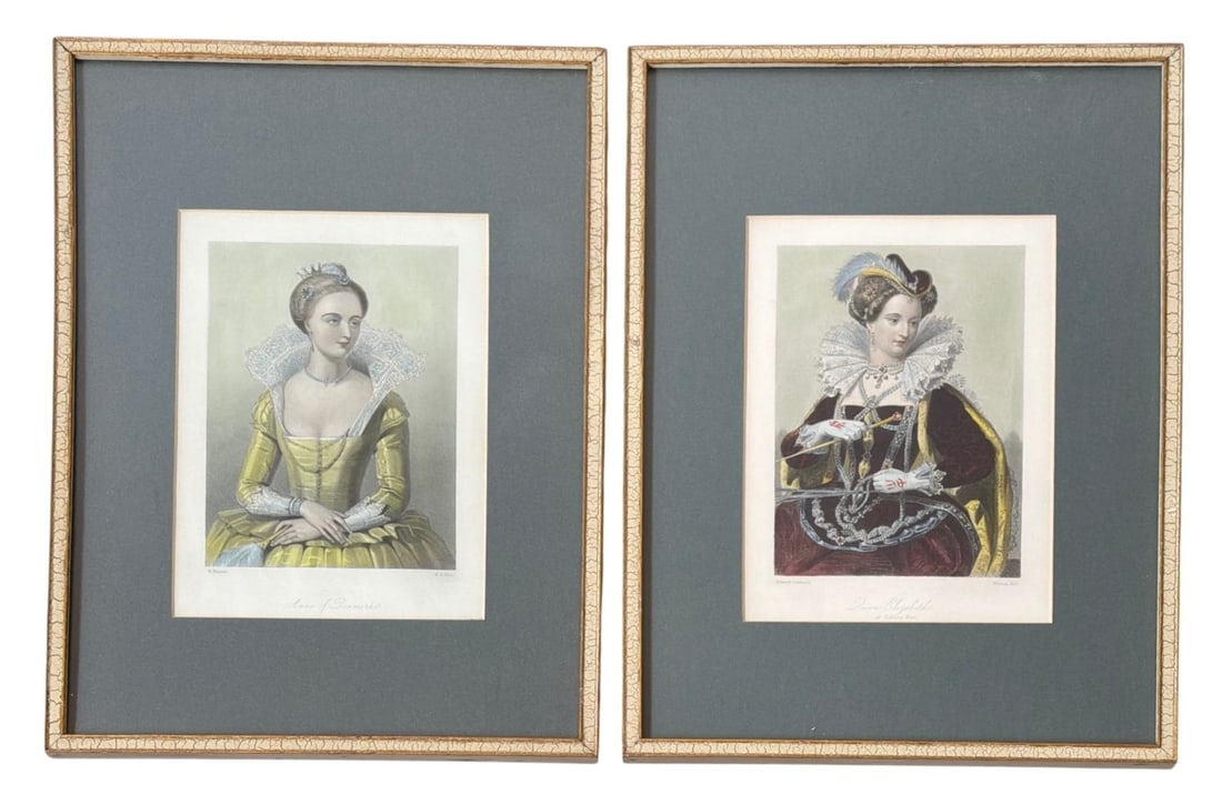 Two Victorian Style Portrait Colored Etchings, QUEEN ANNE & QUEEN ELIZABETH: Images depict Queen Anne and Queen Elizabeth of Denmark. Hand colored etchings. Each measures 14.5" x 10.25" x .5" D in the frame, sight measures 8.25" x 6".