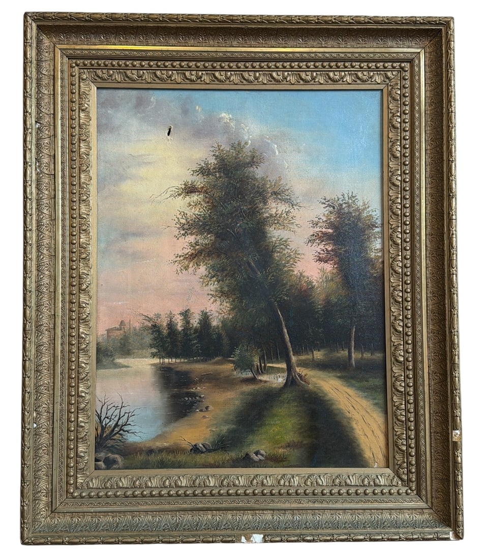 19th C. Landscape Oil Painting: Oil on Canvas, unsigned. Depicts a serene riverfront scene. Measures 29" x 23.75" x 2" D in the frame, sight measures 21.5" x 16.5".